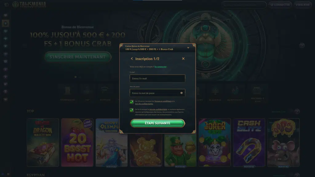 Comment s’inscrire sur Talismania Casino